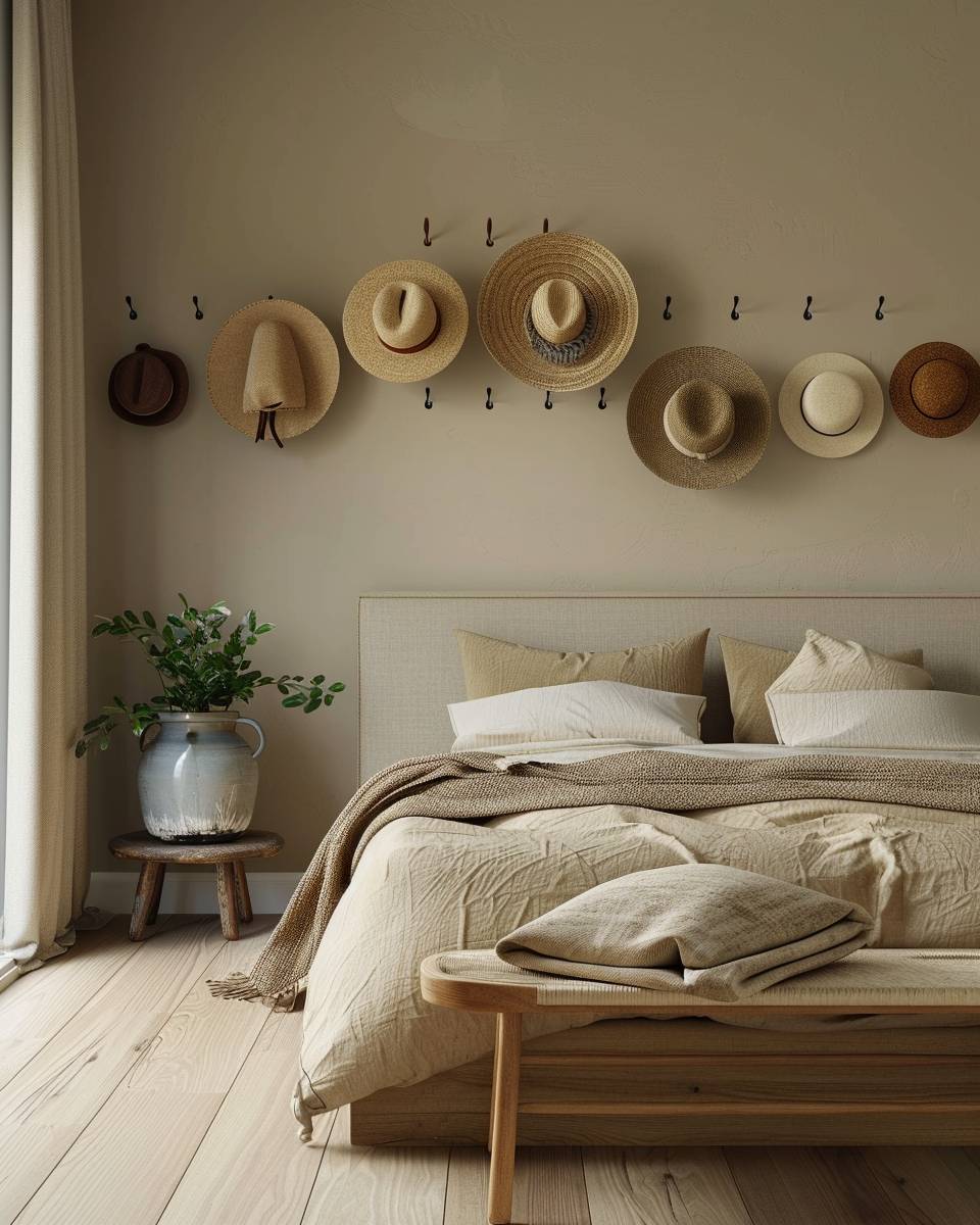 Ideen für Bett-Rückwand- Arrangiere Wandhaken für Hüte oder Taschen