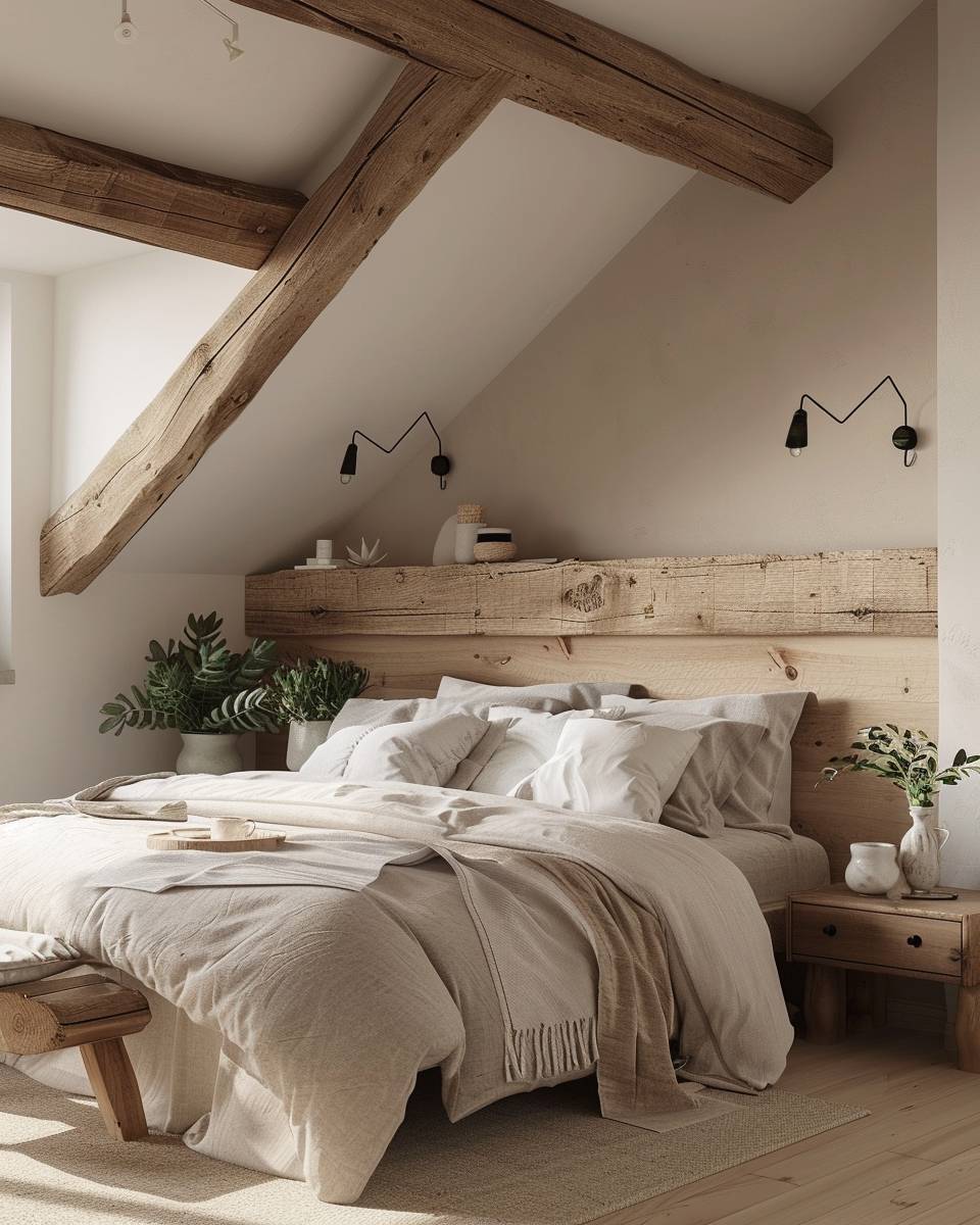 Ideen für Bett-Rückwand- Befestige eine rustikale Holzbalken-Leiste