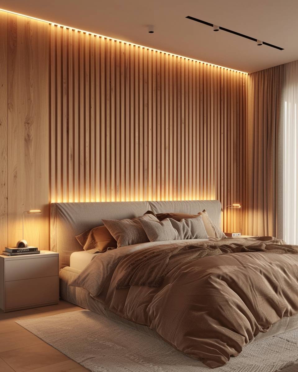 Ideen für Bett-Rückwand- Gestalte die Rückwand mit Holzpaneelen