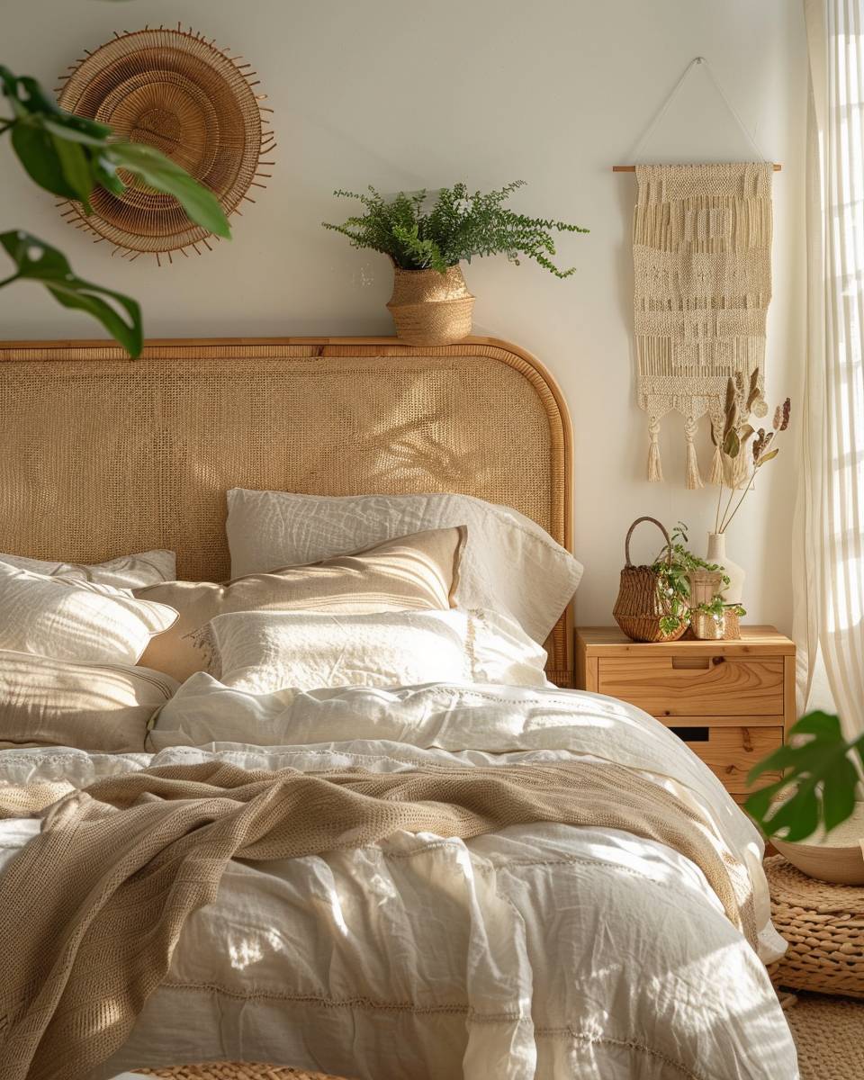Ideen für Bett-Rückwand- Setze auf Rattan-Elemente und Naturmaterialien