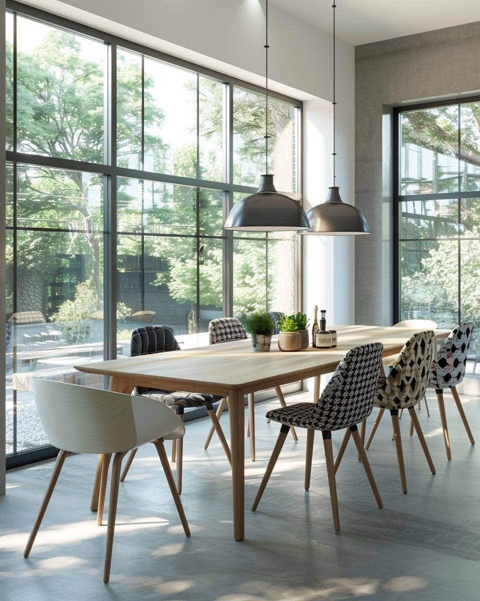 Modernes Esszimmer gestalten- Schaffe Kontraste mit unterschiedlich gemusterten Stühlen