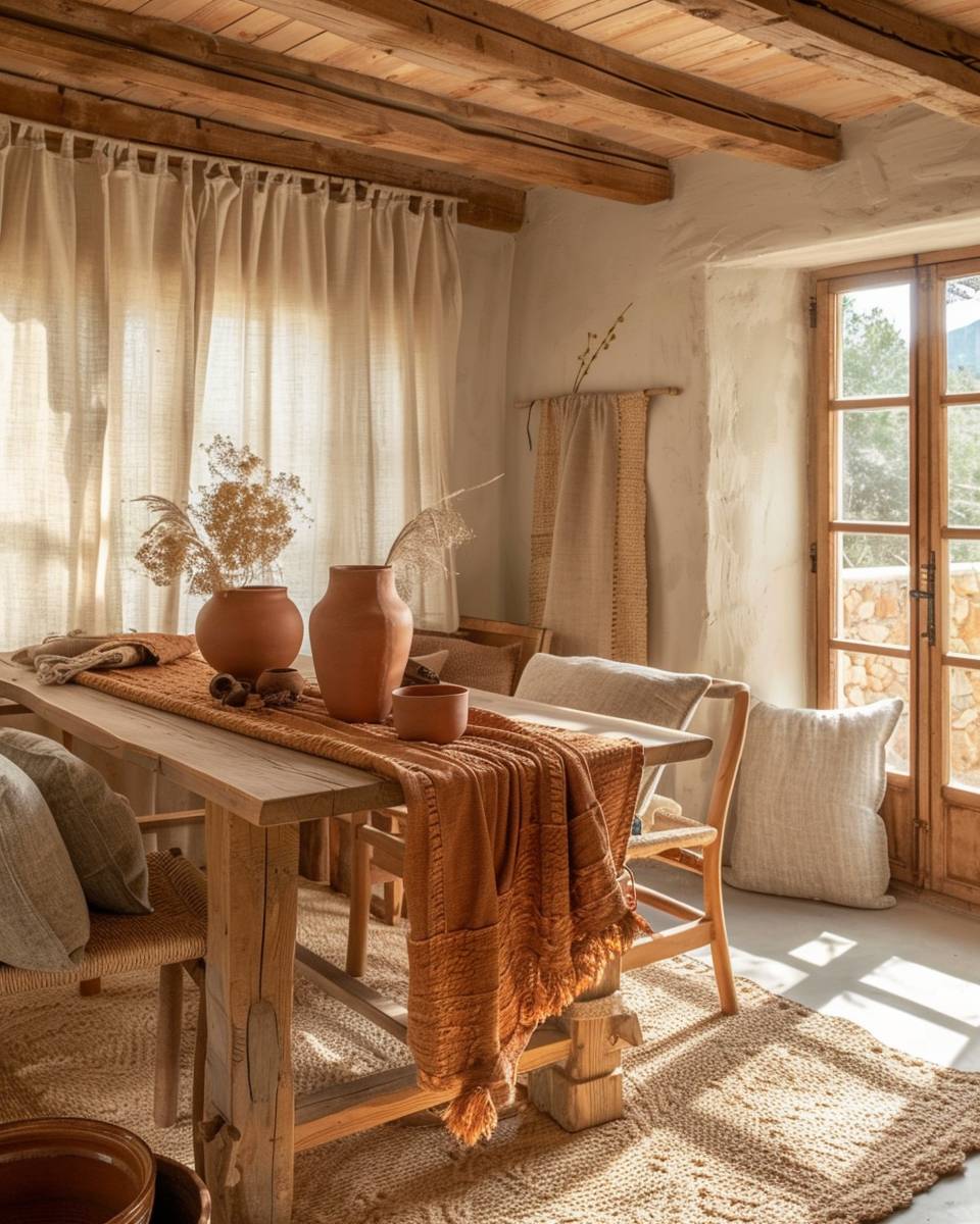 Rustikales Esszimmer einrichten- Betone warme Erdtöne bei Textilien