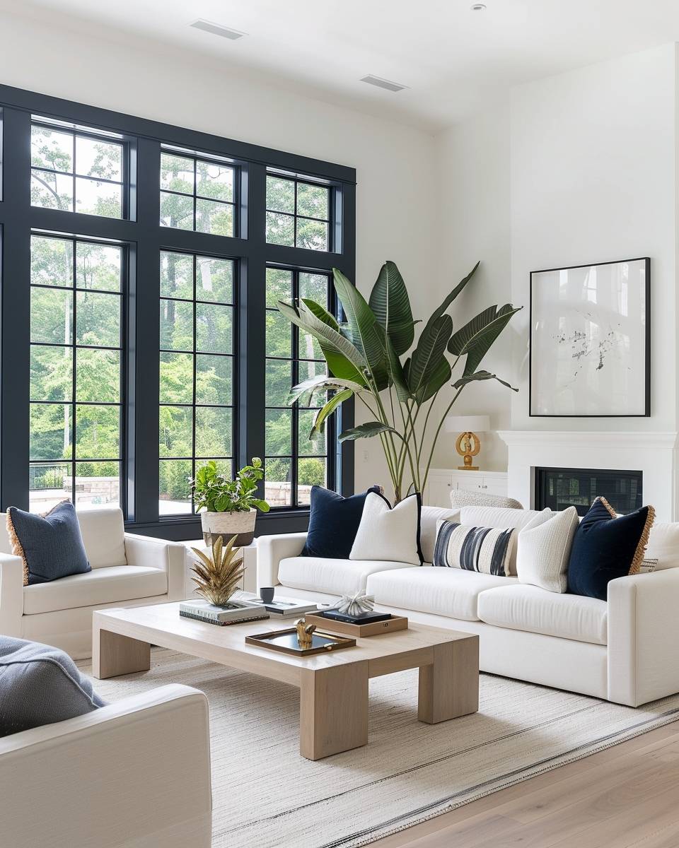 Wandfarbe für große Wohnzimmer- Betone Fensternischen mit tiefem Marineblau