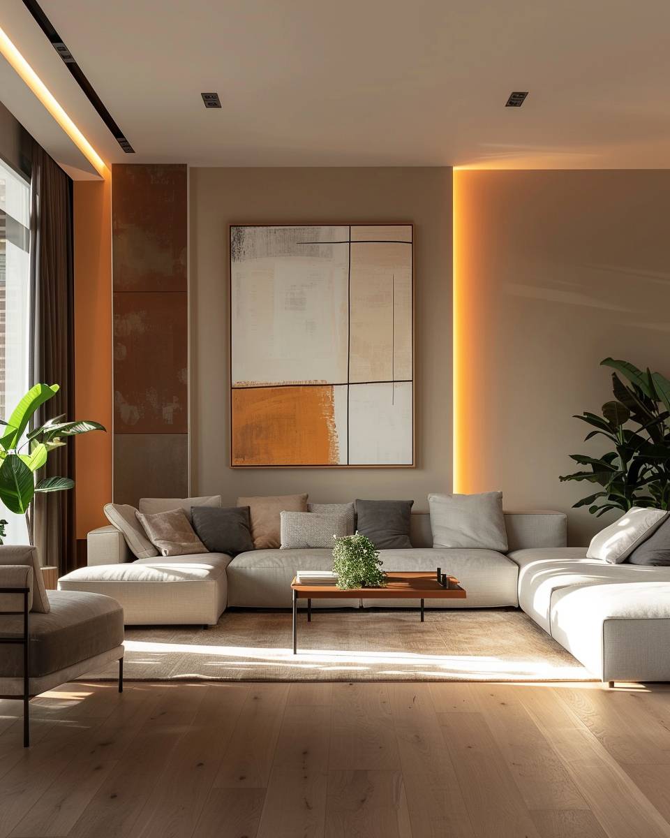 Wandfarbe für große Wohnzimmer- Hänge Kunstwerke auf kontrastierenden Farbzonen