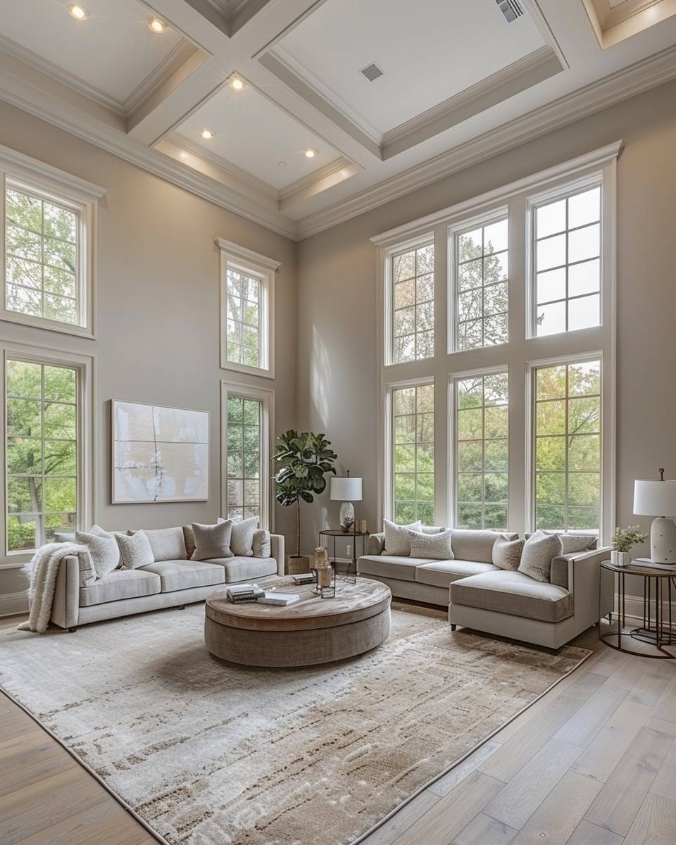 Wandfarbe für große Wohnzimmer- Inszeniere hohe Decken mit sanftem Greige