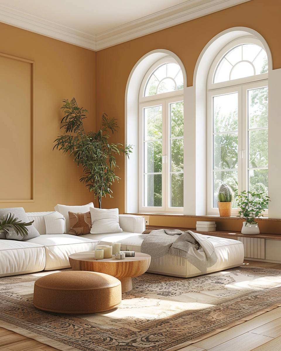 Wandfarbe für große Wohnzimmer- Kombiniere warme Ockerfarben mit kühlem Weiß