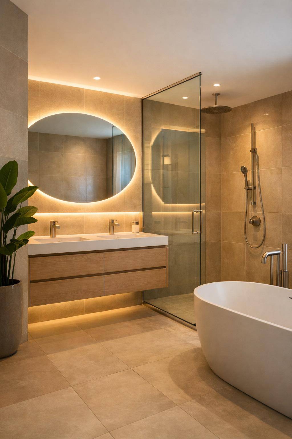 Badezimmer-Trends 2025- Experimentiere mit LED-Lichtspiel an Spiegeln