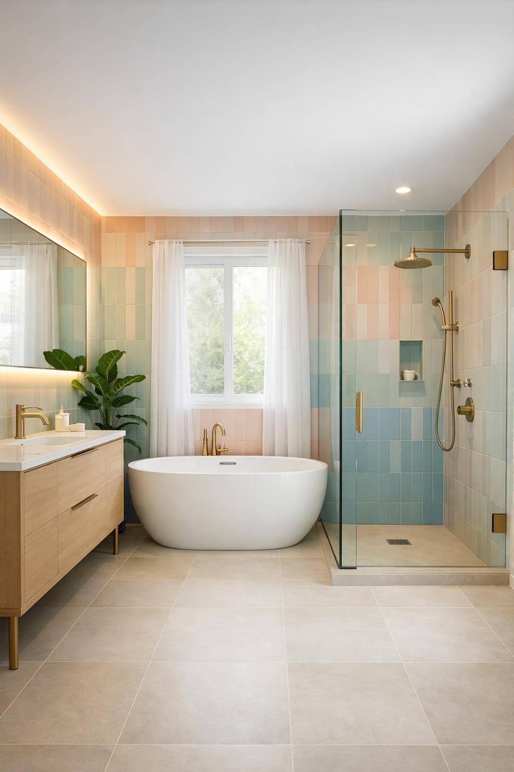 Badezimmer-Trends 2025- Wähle pastellfarbene Fliesen für Leichtigkeit