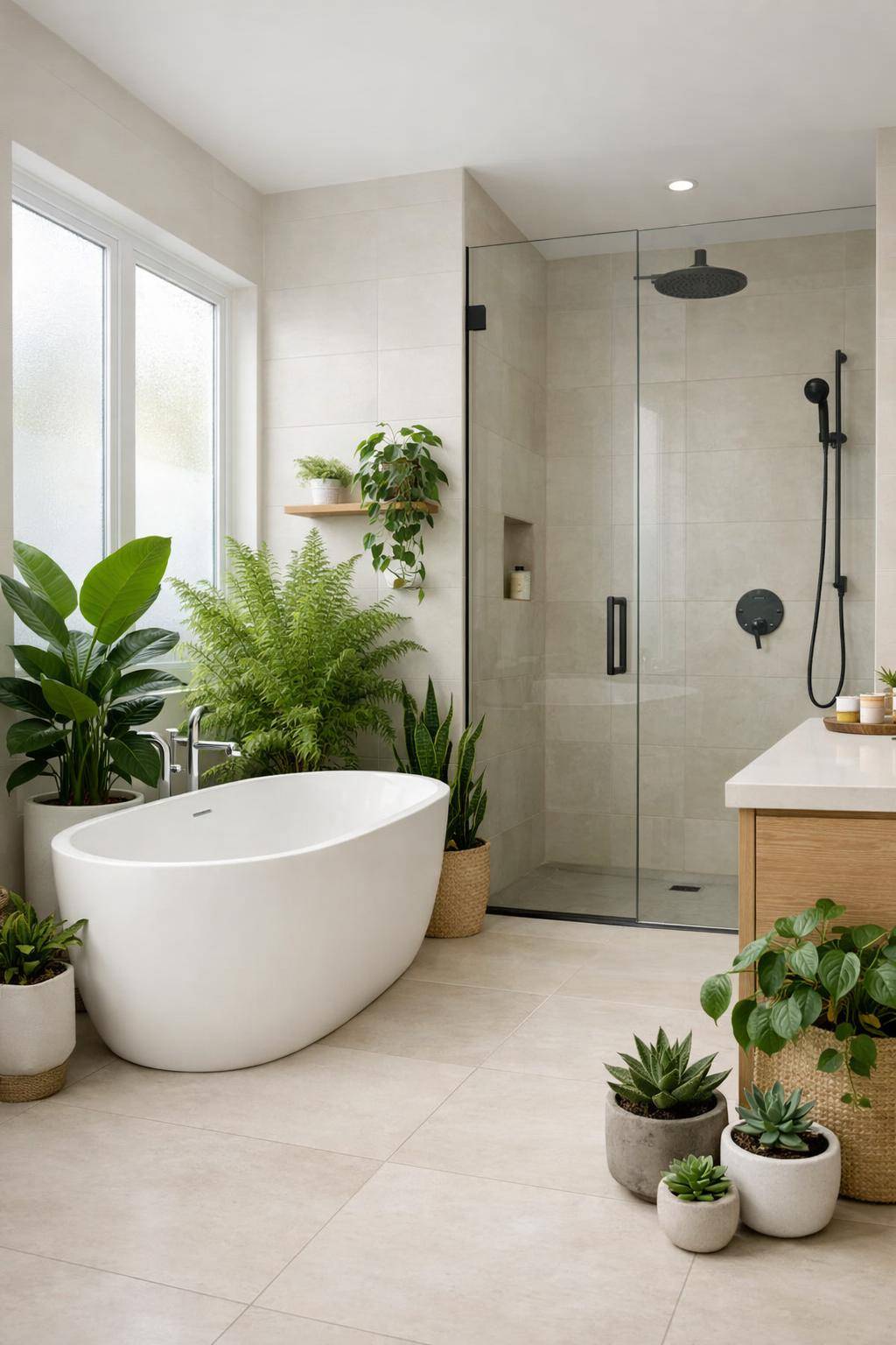 Badezimmer mit Pflanzen dekorieren- Arrangiere verschiedene Pflanzen zu kleinen Gruppen