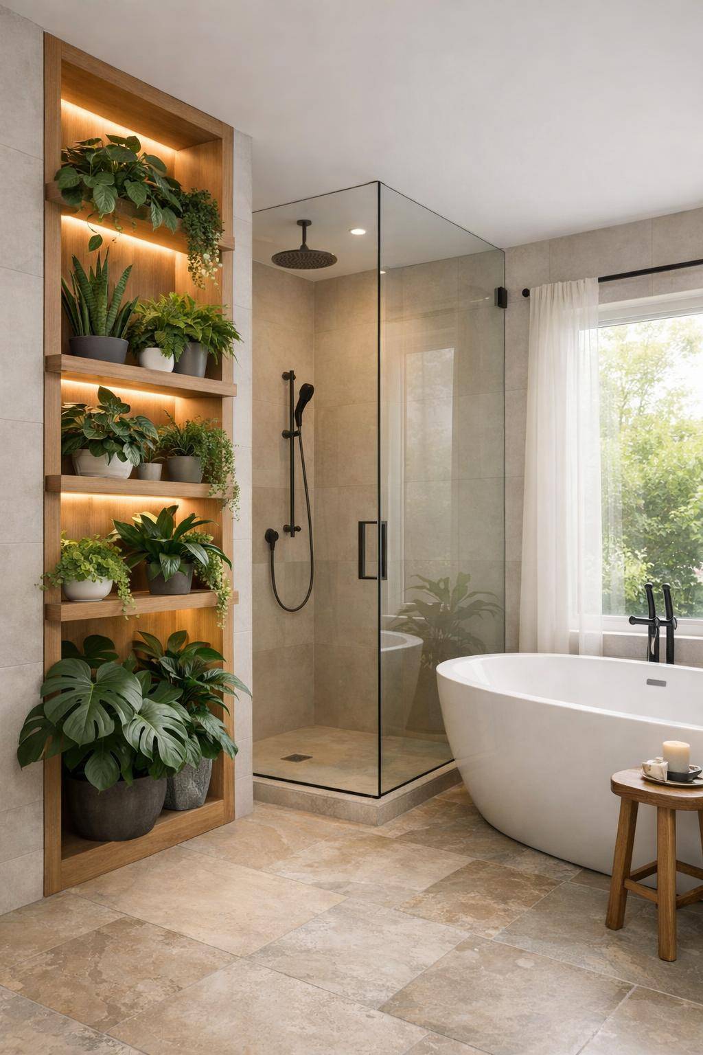 Badezimmer mit Pflanzen dekorieren- Baue ein vertikales Pflanzregal für mehr Grün