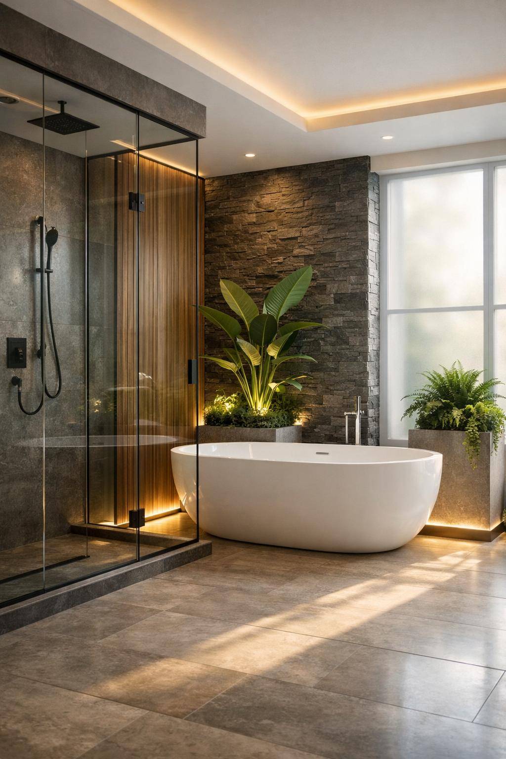 Badezimmer mit Pflanzen dekorieren- Ergänze das Ambiente mit beleuchteten Pflanzenpodesten