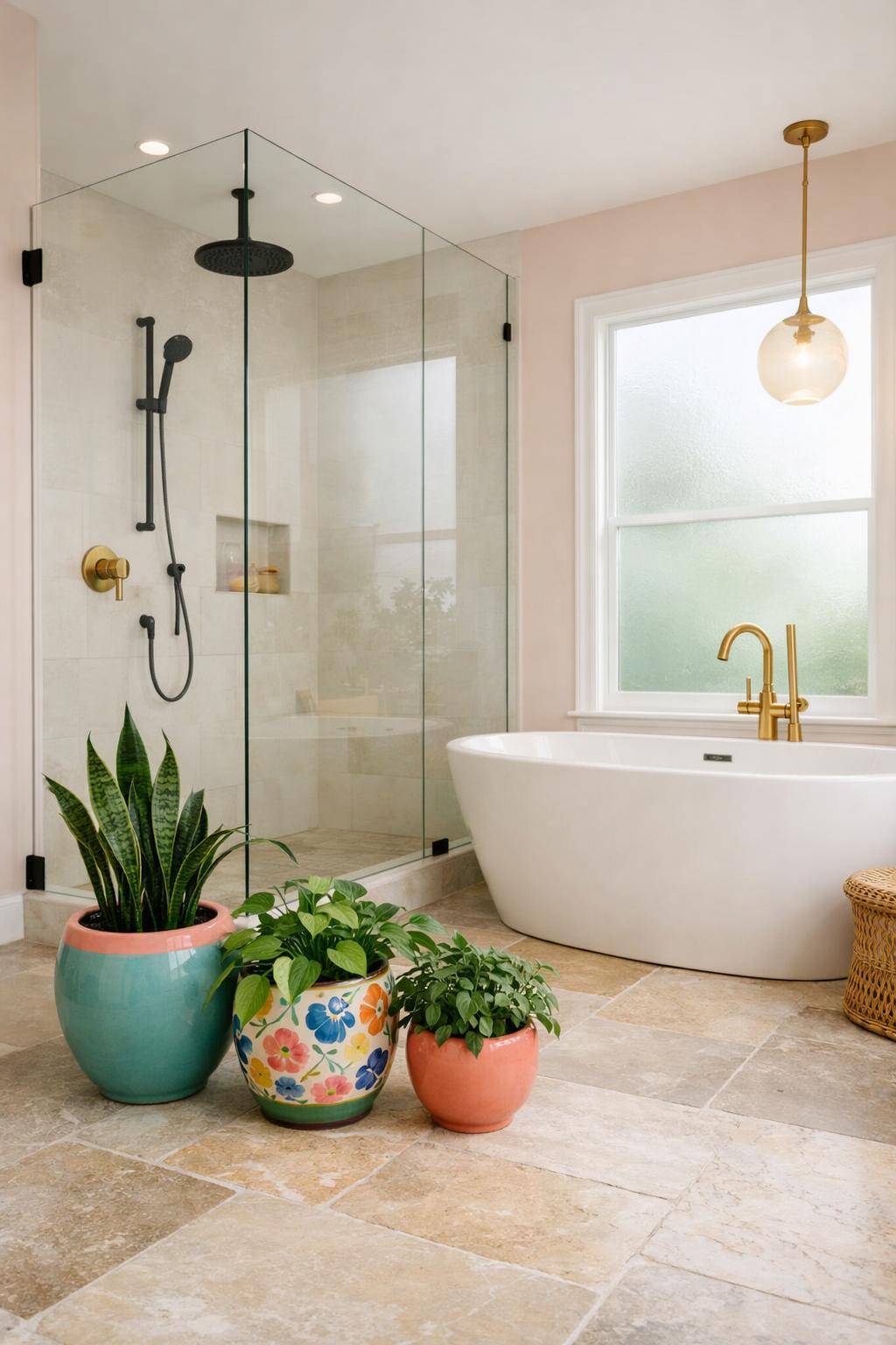 Badezimmer mit Pflanzen dekorieren- Positioniere sanfte Farbtöne mit farbigen Blumentöpfen