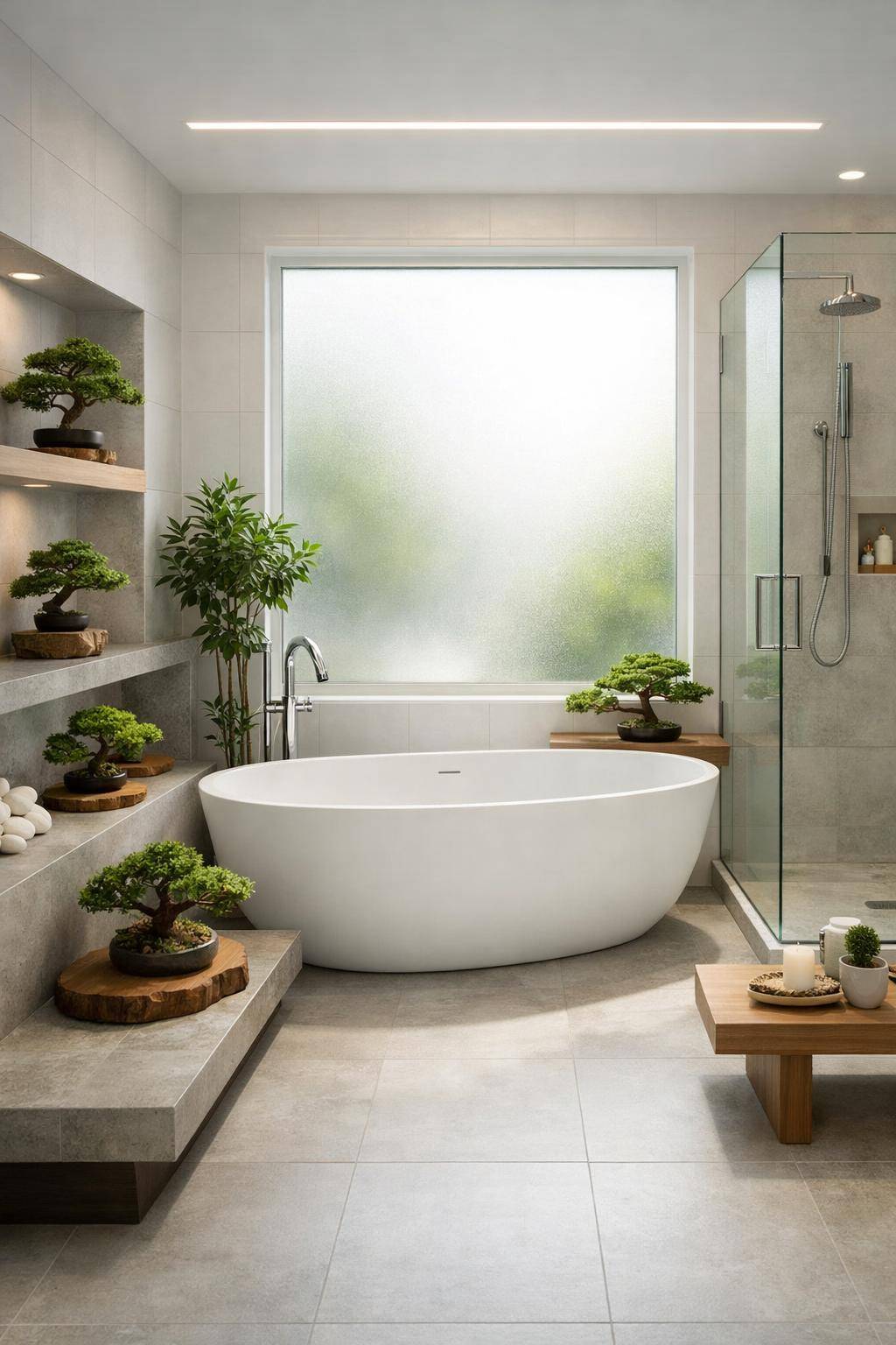 Badezimmer mit Pflanzen dekorieren- Präsentiere Bonsais auf kleinen Holzscheiben