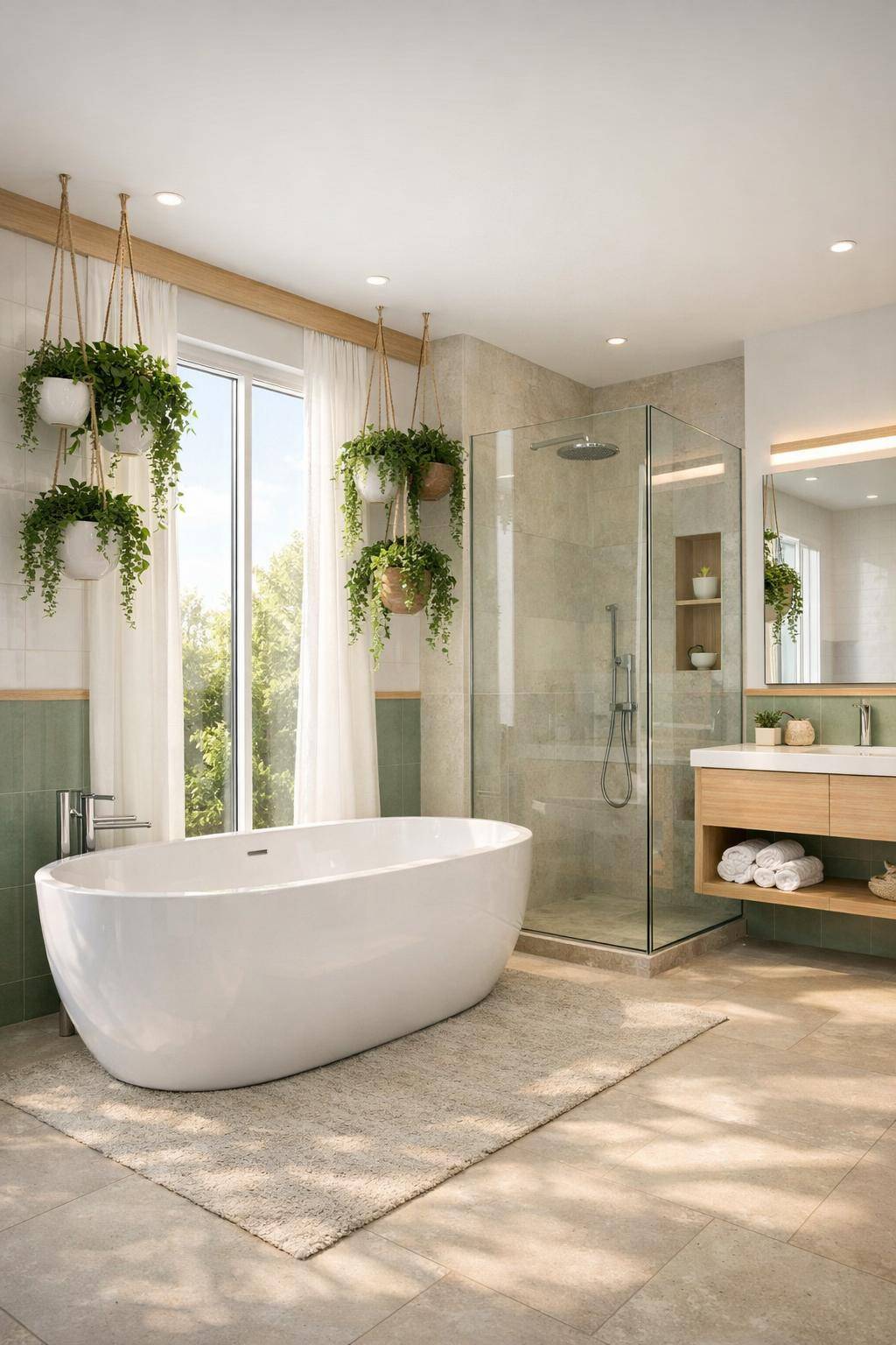 Badezimmer mit Pflanzen dekorieren- Schaffe Pflanzenhöhlen mit hängenden Töpfen