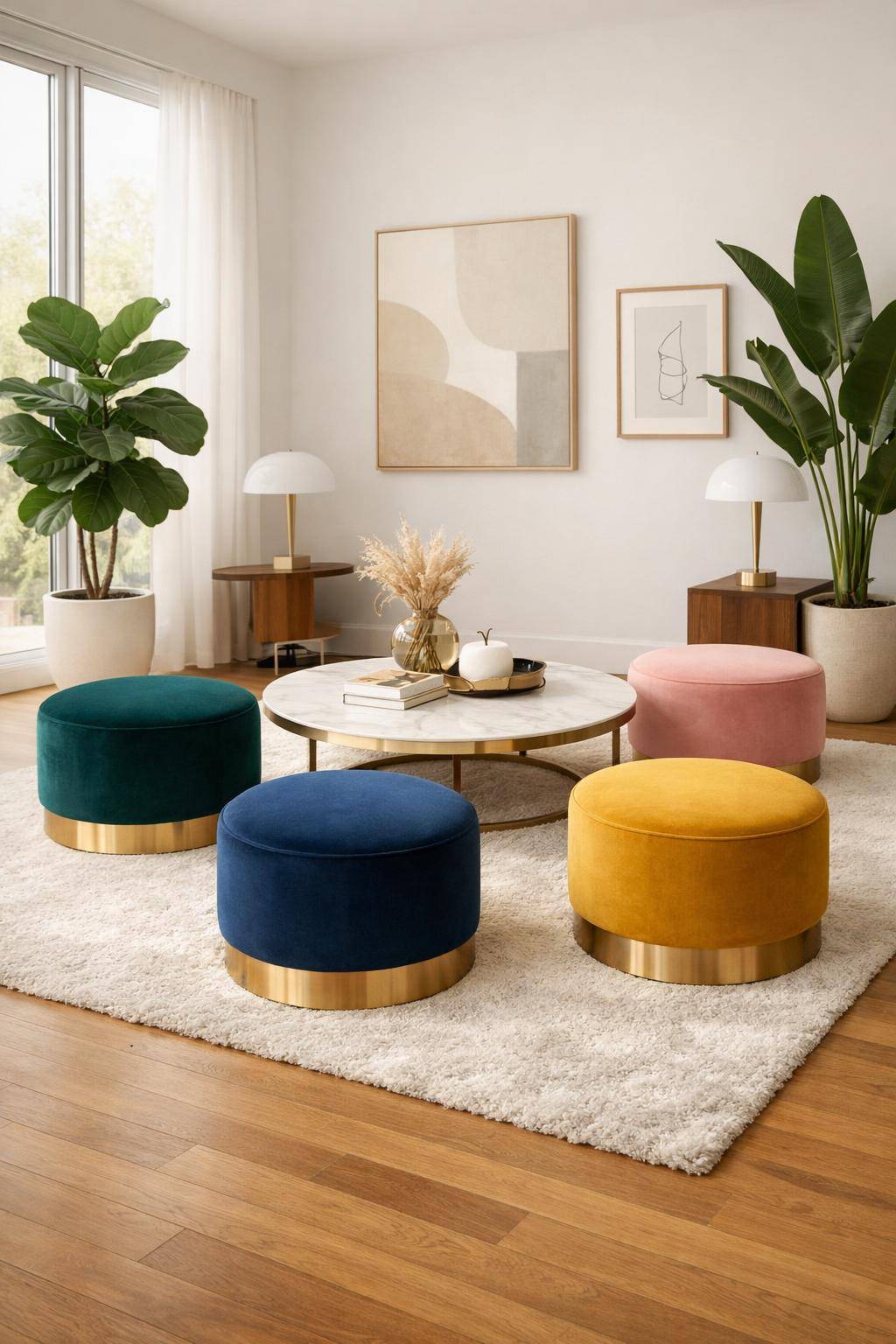 Einrichtungsideen mit Samt- Arrangiere Samthocker in verschiedenen Farben