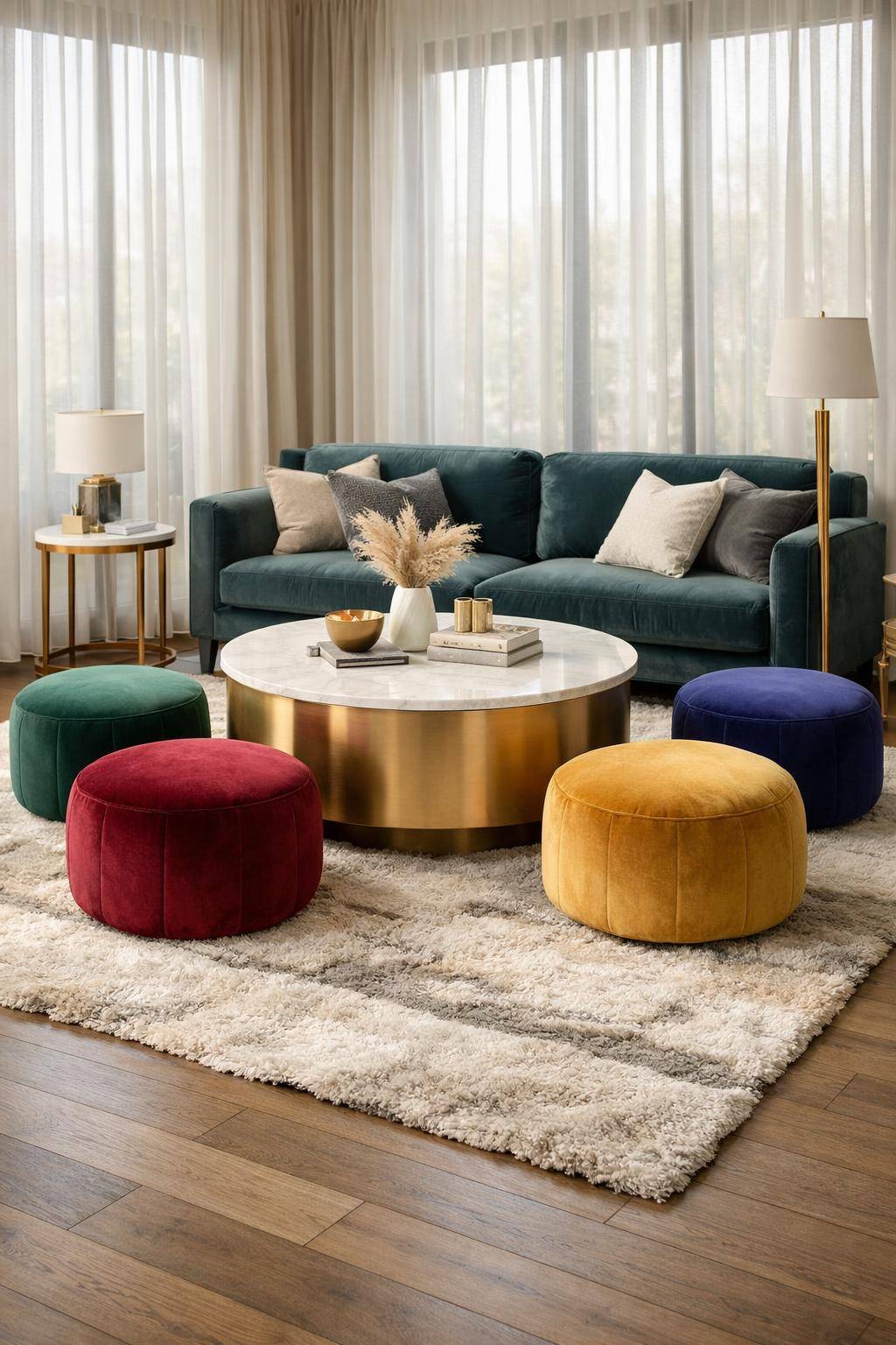 Einrichtungsideen mit Samt- Probiere Samt-Poufs als flexible Sitzgelegenheiten