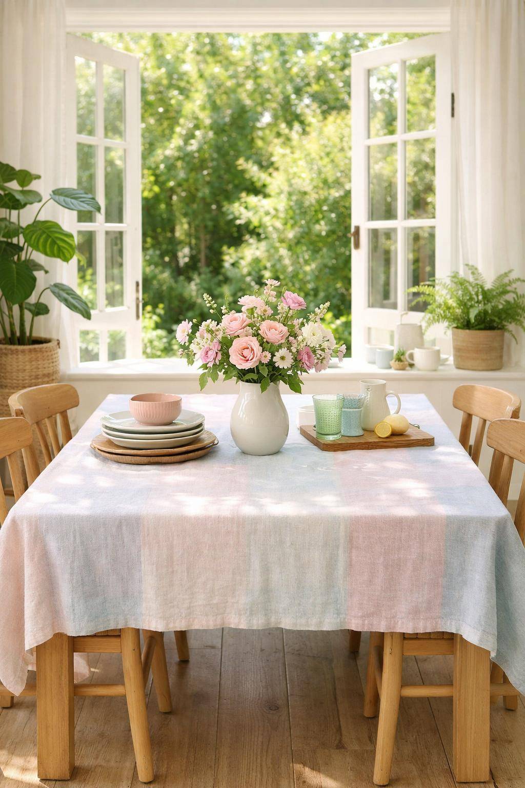 Esszimmer sommerlich dekorieren-Setze auf luftige Leinen-Tischdecken in Pastellfarben
