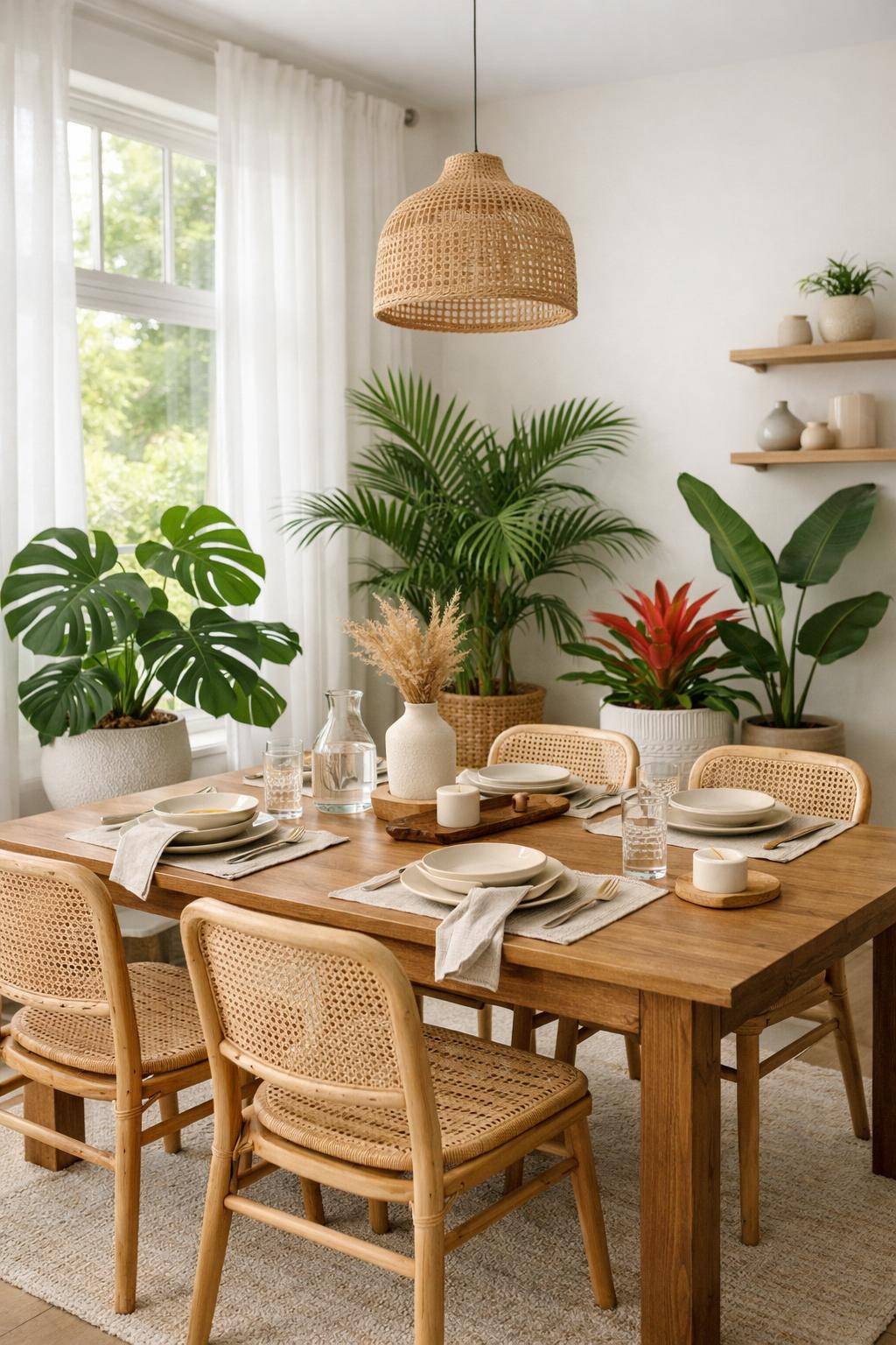 Esszimmer sommerlich dekorieren- Arrangiere tropische Pflanzen als natürliche Farbtupfer