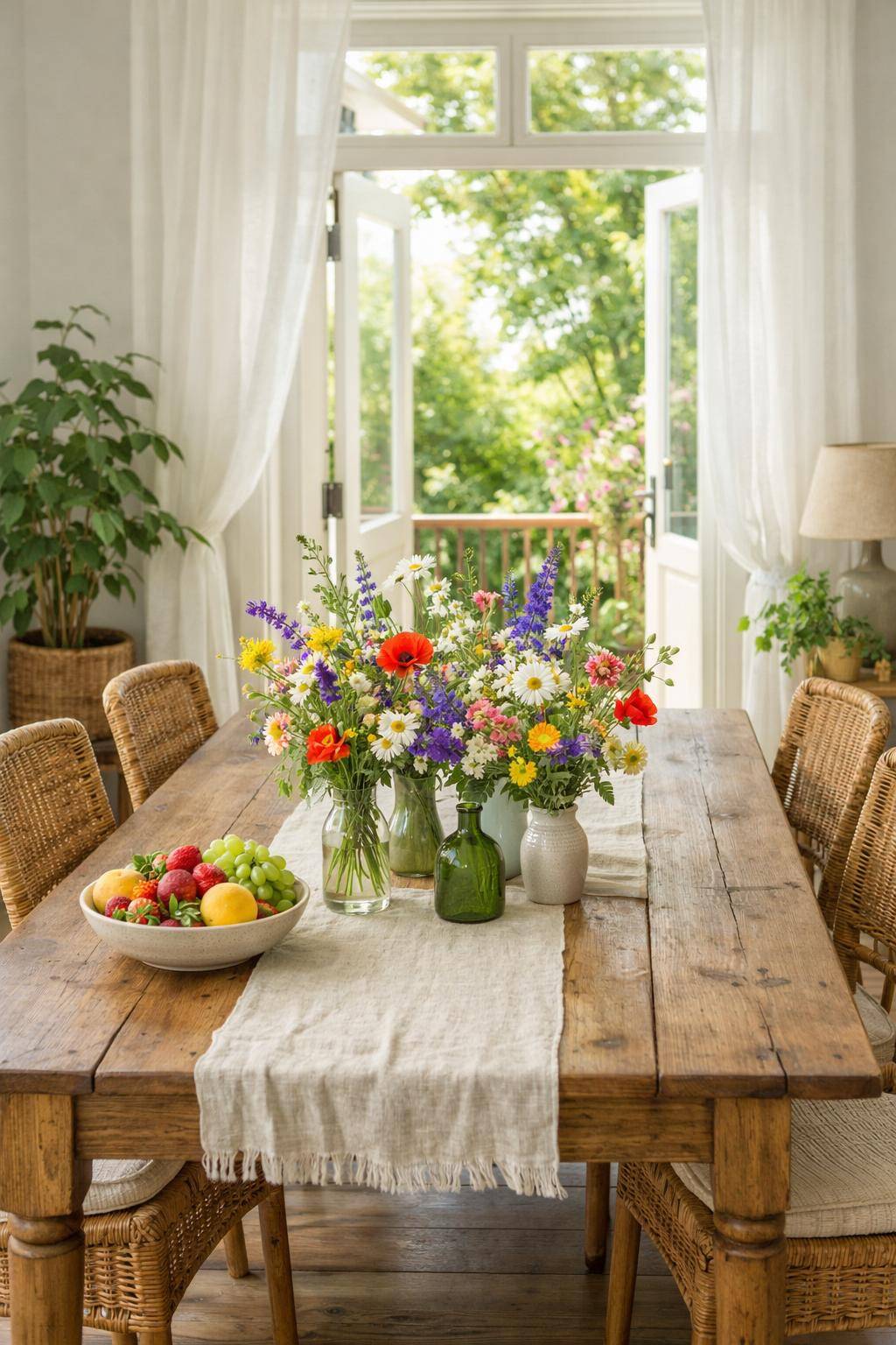 Esszimmer sommerlich dekorieren- Dekoriere mit frischen Wildblumen in bunten Vasen