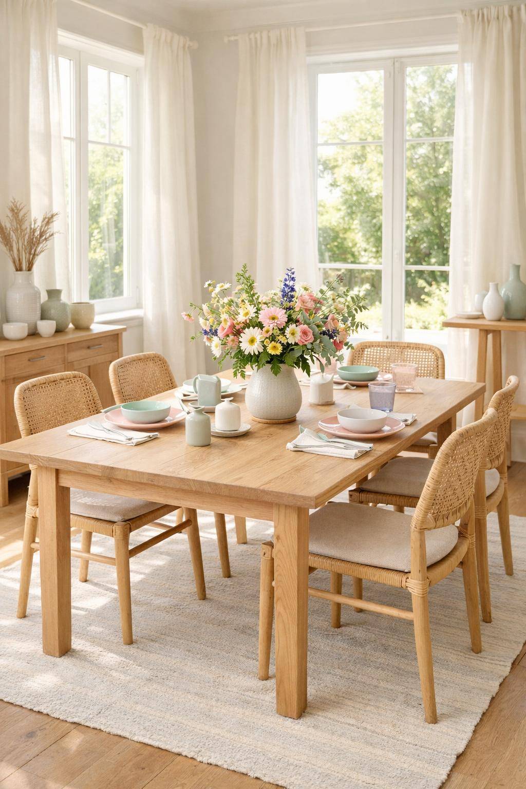 Esszimmer sommerlich dekorieren- Ersetze schwere Teppiche durch leichte Baumwollvarianten