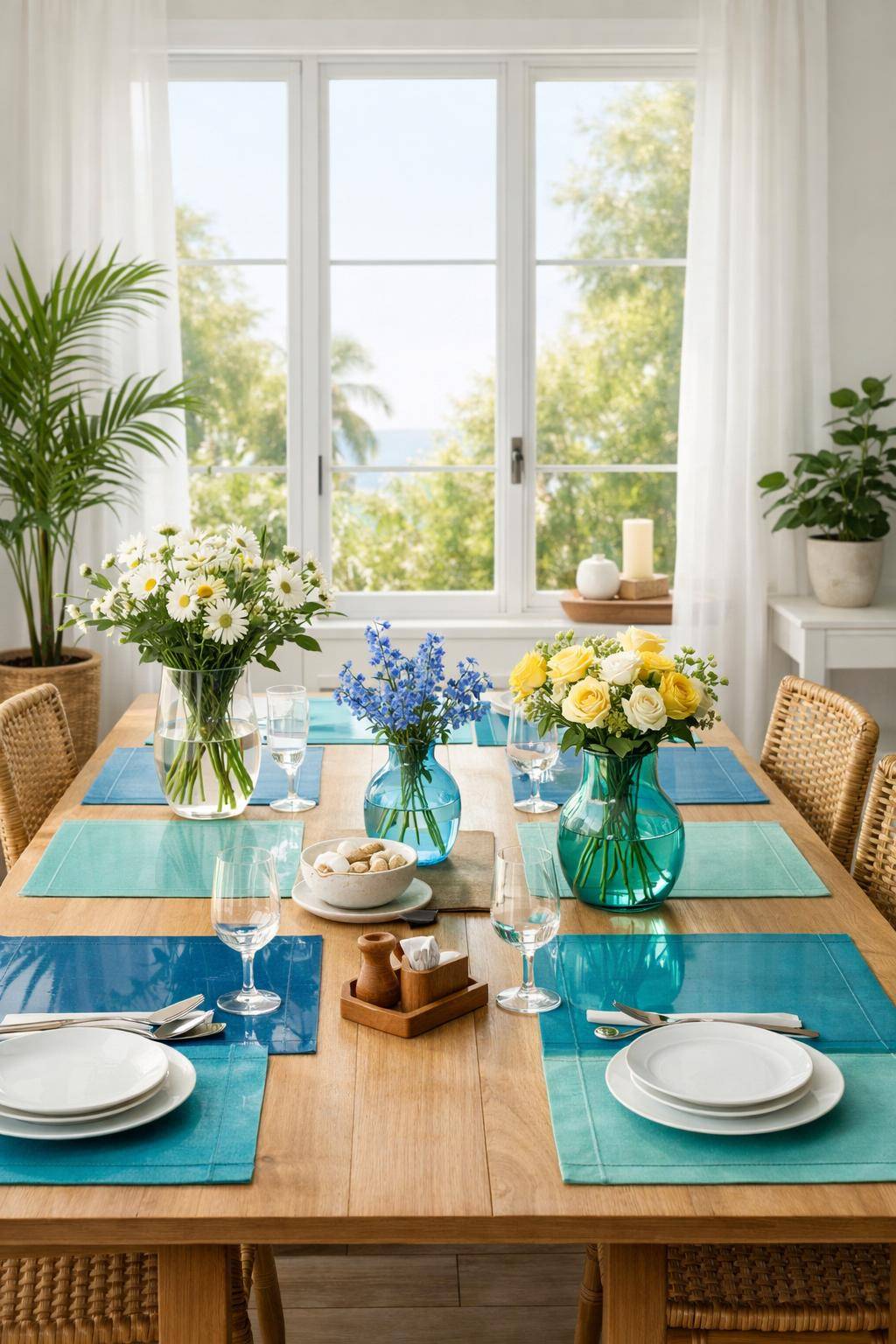 Esszimmer sommerlich dekorieren- Experimentiere mit transparenten Platzsets in Meeresfarben