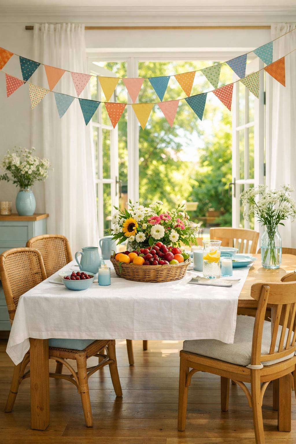 Esszimmer sommerlich dekorieren- Hänge selbstgemachte Wimpelgirlanden über die Tafel