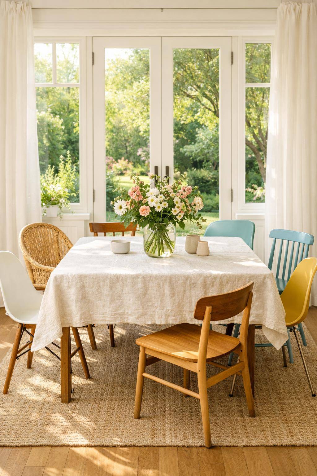 Esszimmer sommerlich dekorieren- Kombiniere unterschiedliche Stühle für einen lockeren Look