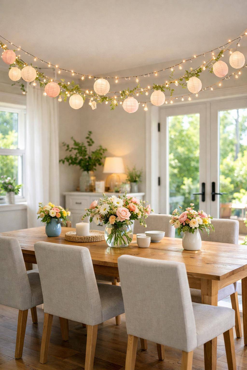 Esszimmer sommerlich dekorieren- Präsentiere eine DIY-Lichterkette über dem Esstisch