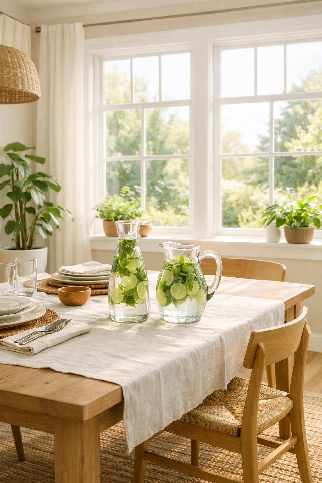 Esszimmer sommerlich dekorieren- Stelle Wasserkrüge mit Minze und Limette auf