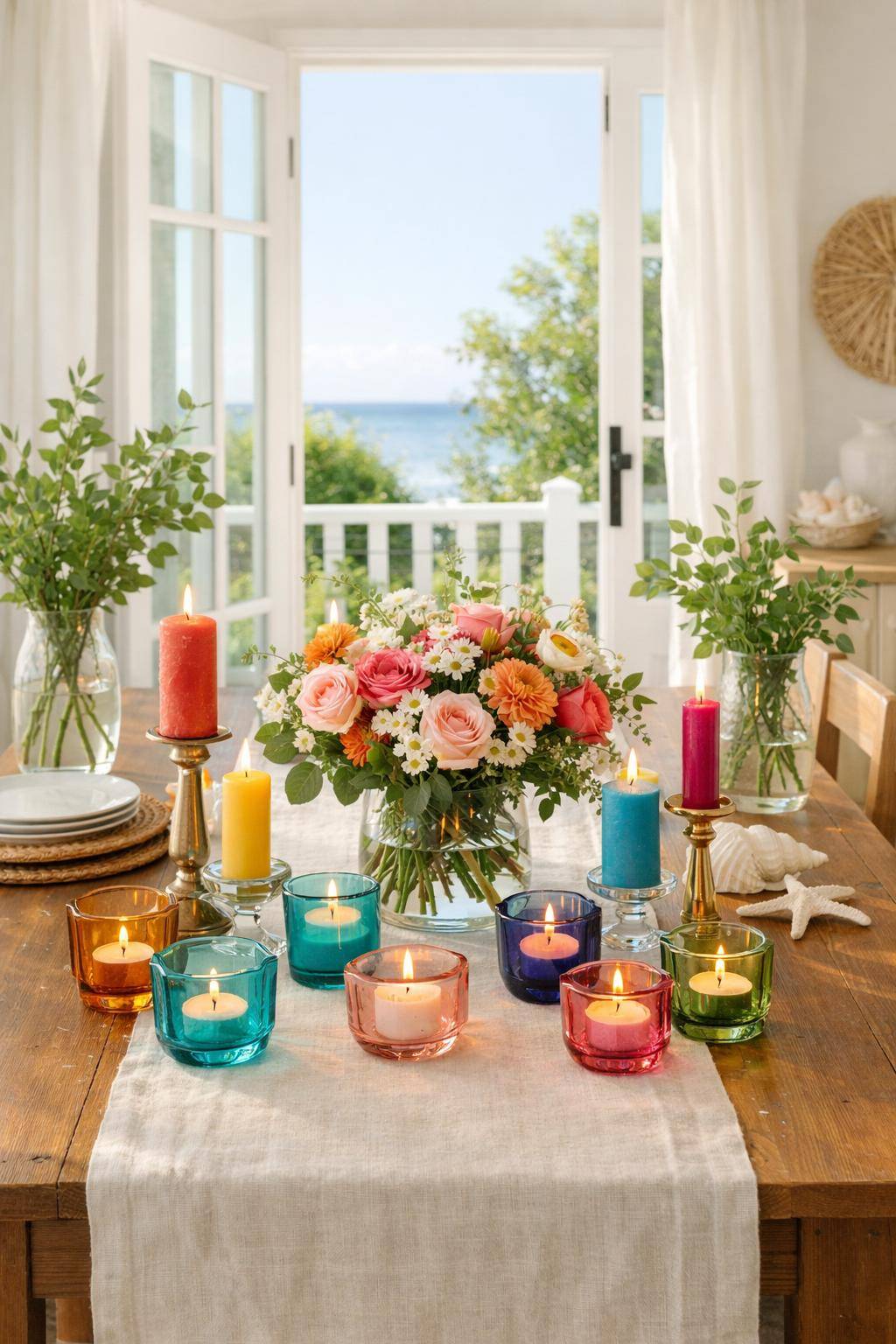 Esszimmer sommerlich dekorieren- Verteile bunte Windlichter und Kerzen für Atmosphäre
