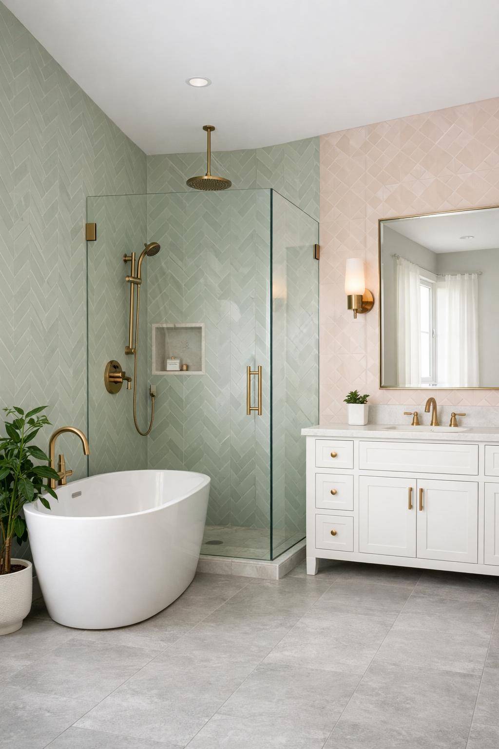 Farbideen für kleine Badezimmer- Integriere dezent gemusterte Kacheln in Softfarben