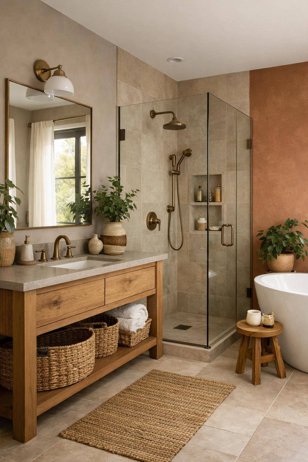 Farbideen für kleine Badezimmer- Kombiniere Naturmaterialien mit erdigen Farbtönen