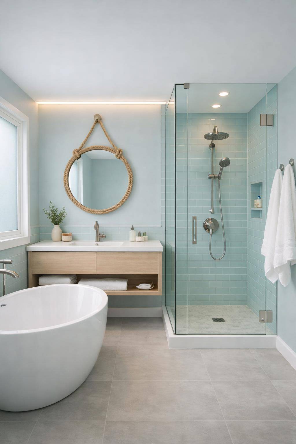 Farbideen für kleine Badezimmer- Kombiniere zarte Blaunuancen für maritimes Flair