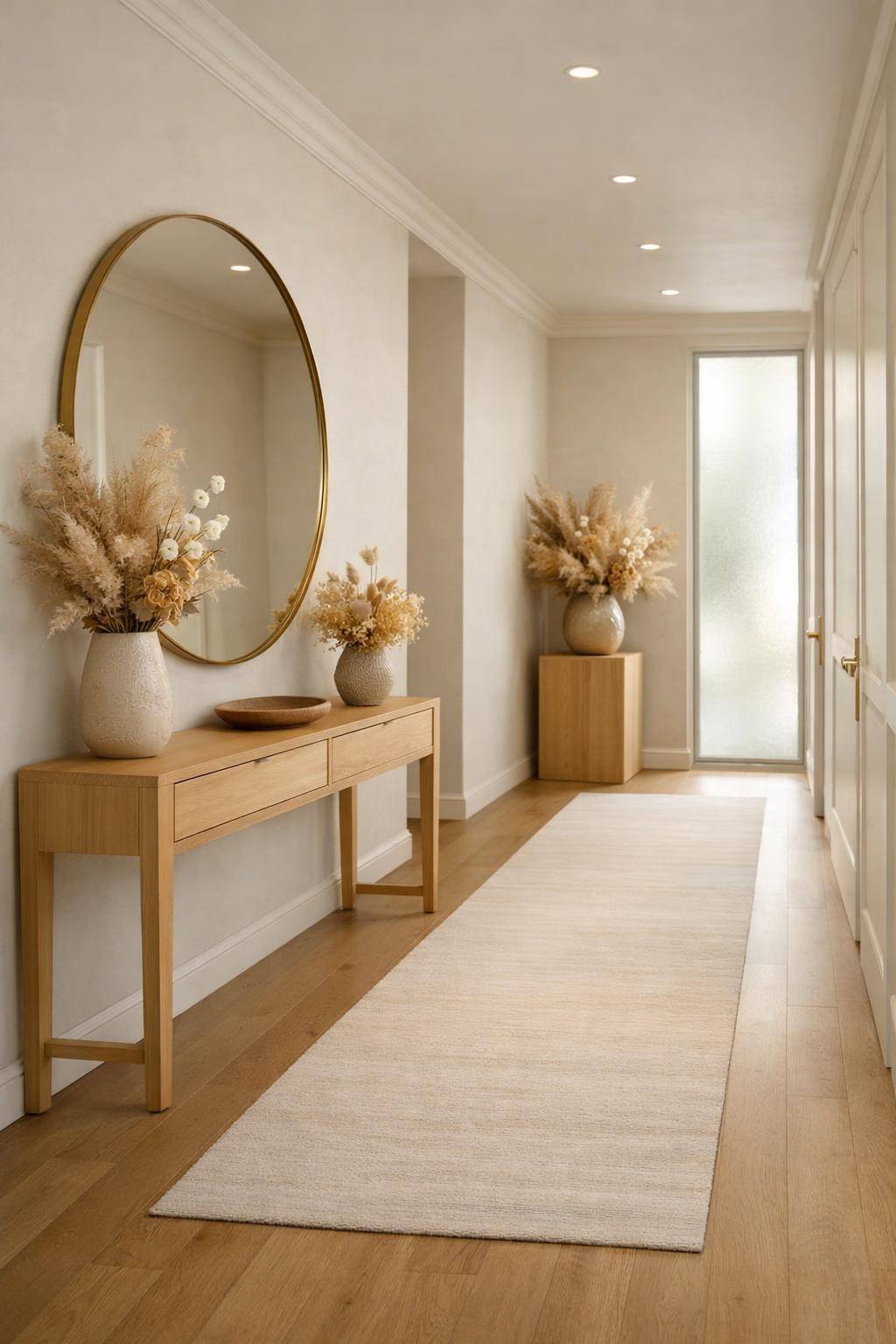 Flur in Beige gestalten- Dekoriere mit Trockenblumen in Naturtönen