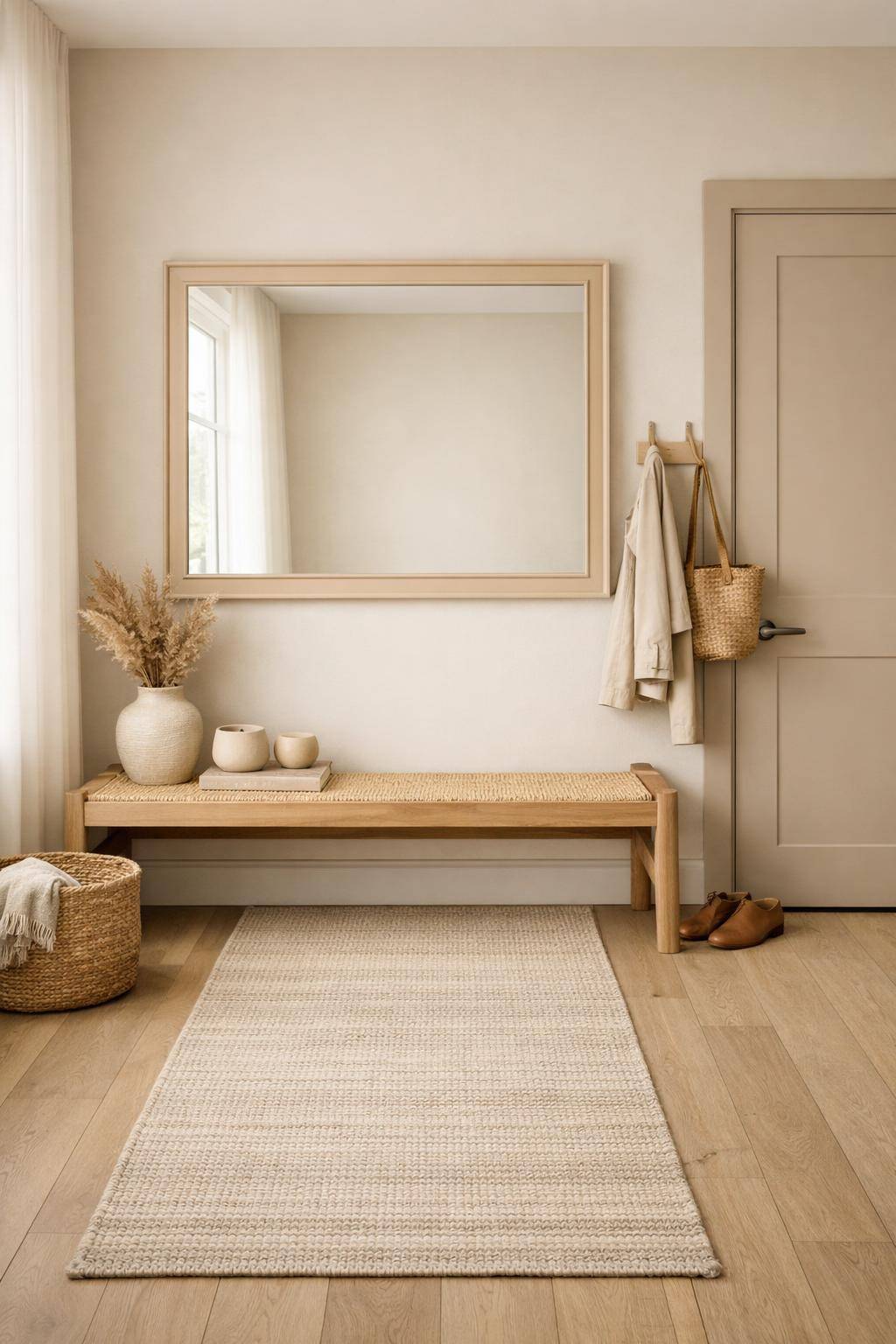 Flur in Beige gestalten- Hänge Spiegel mit beigem Rahmen auf