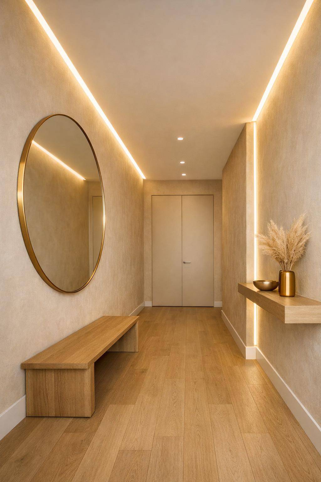 Flur in Beige gestalten- Installiere sanfte Beleuchtung in warmen Beigetönen
