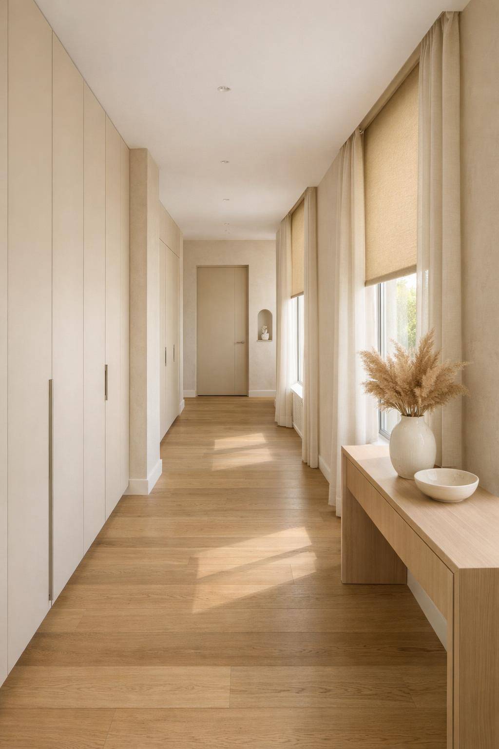 Flur in Beige gestalten- Nutze Rollos oder Vorhänge in Sandfarben