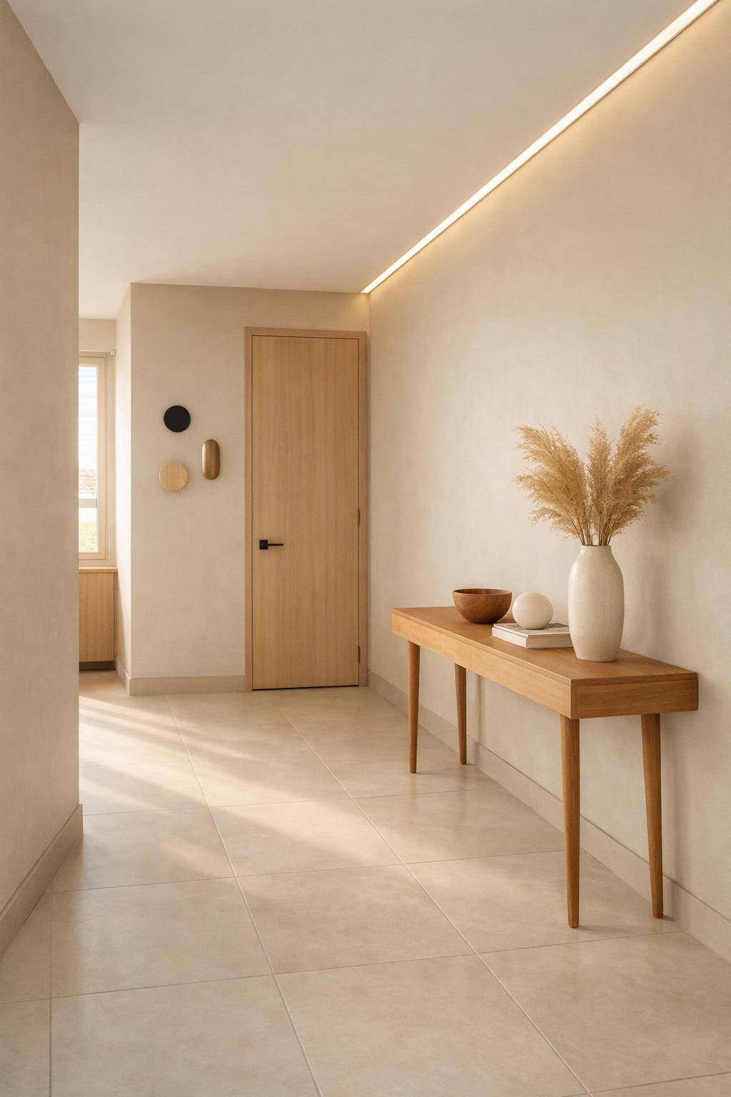 Flur in Beige gestalten- Platziere helle Holzmöbel zur Akzentuierung