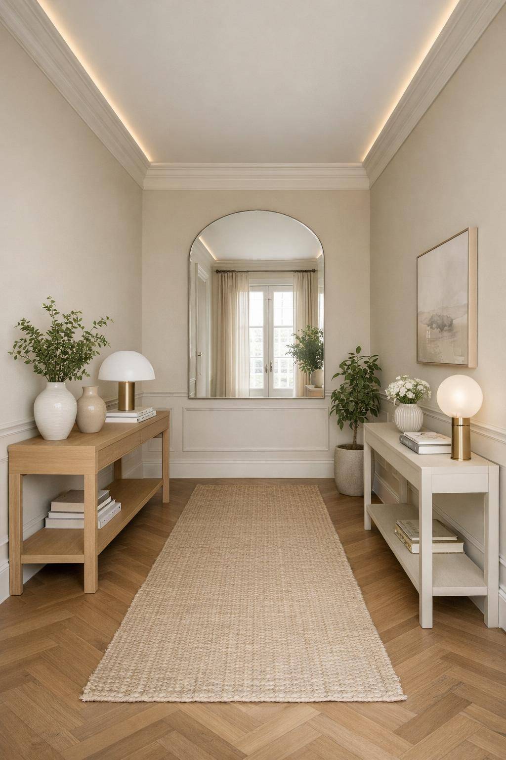 Flur in Beige gestalten- Posiere deine Lieblingsaccessoires auf Beistelltischen