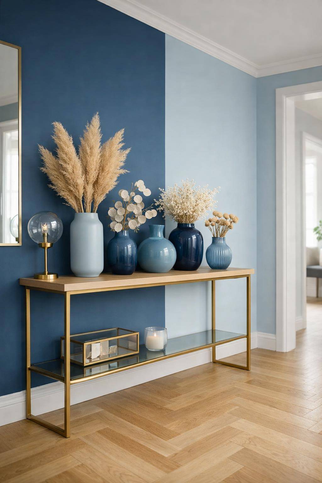 Flur in Blau gestalten- Arrangiere blautonige Trockenblumenvasen im Flur