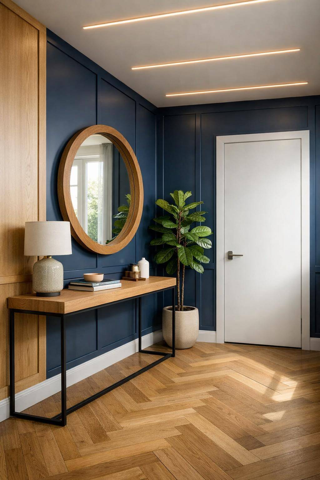 Flur in Blau gestalten- Kombiniere blaue Wandpaneele mit Holzdetails