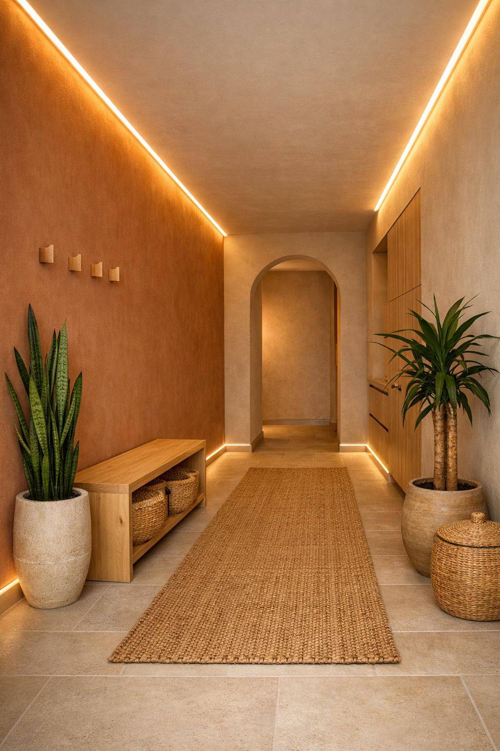 Flur in Erdtönen gestalten- Beleuchte den Flur indirekt mit warmem Licht