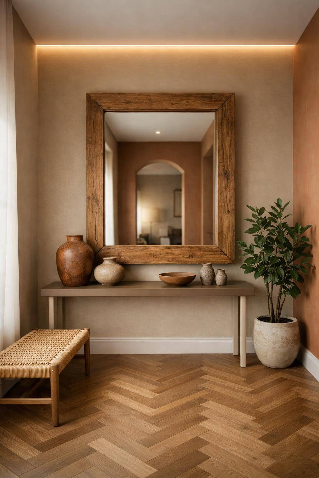 Flur in Erdtönen gestalten- Ergänze einen Spiegel mit Holzrahmen