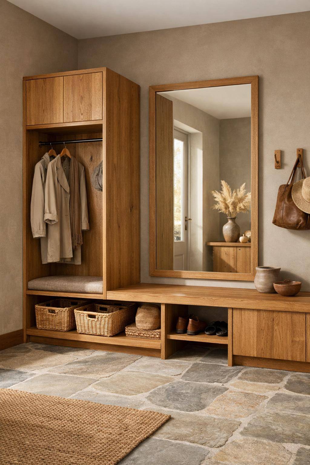 Flur in Erdtönen gestalten- Gestalte die Garderobe aus geöltem Eichenholz
