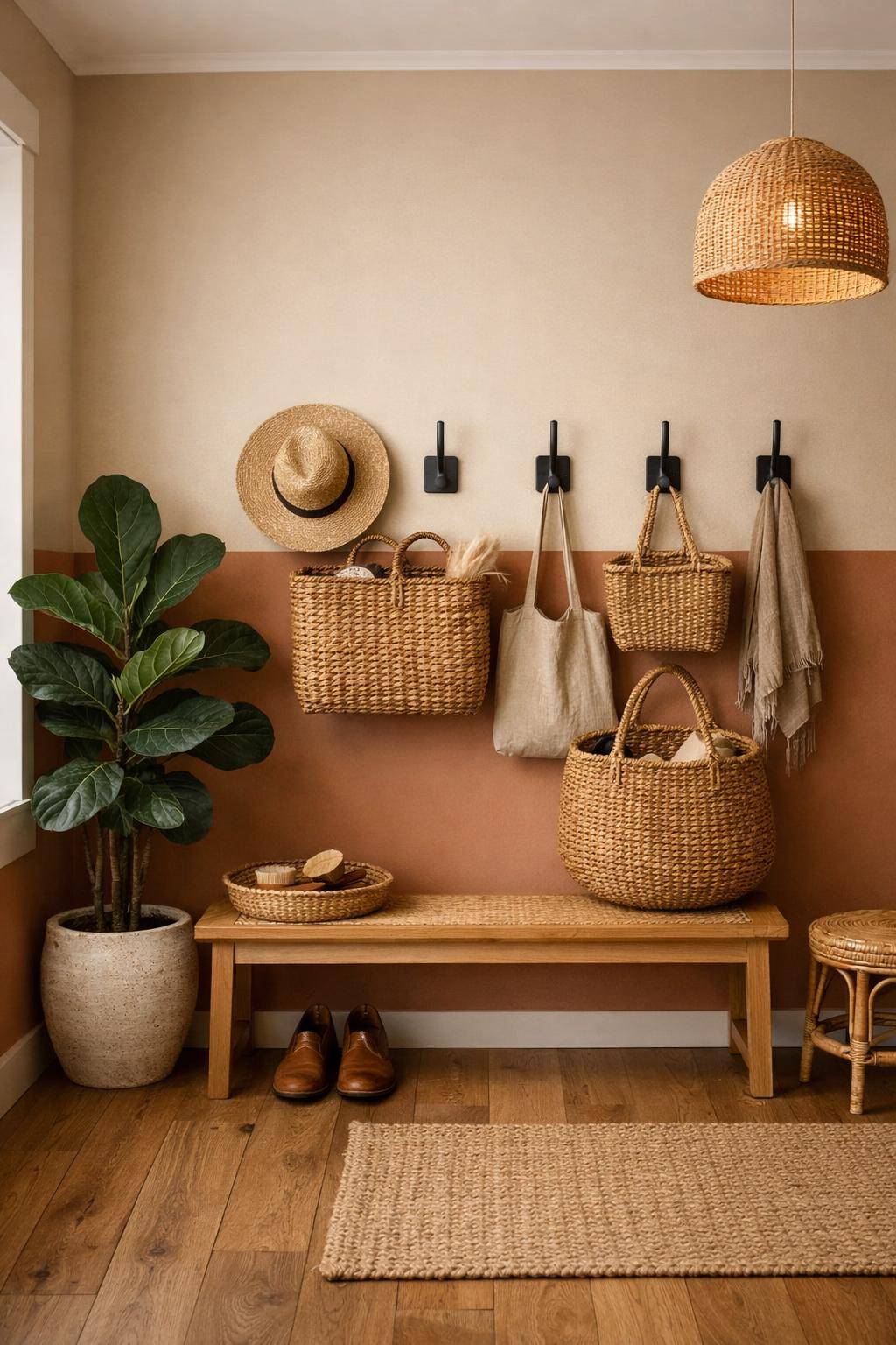 Flur in Erdtönen gestalten- Hänge Körbe als praktische Aufbewahrungslösung auf