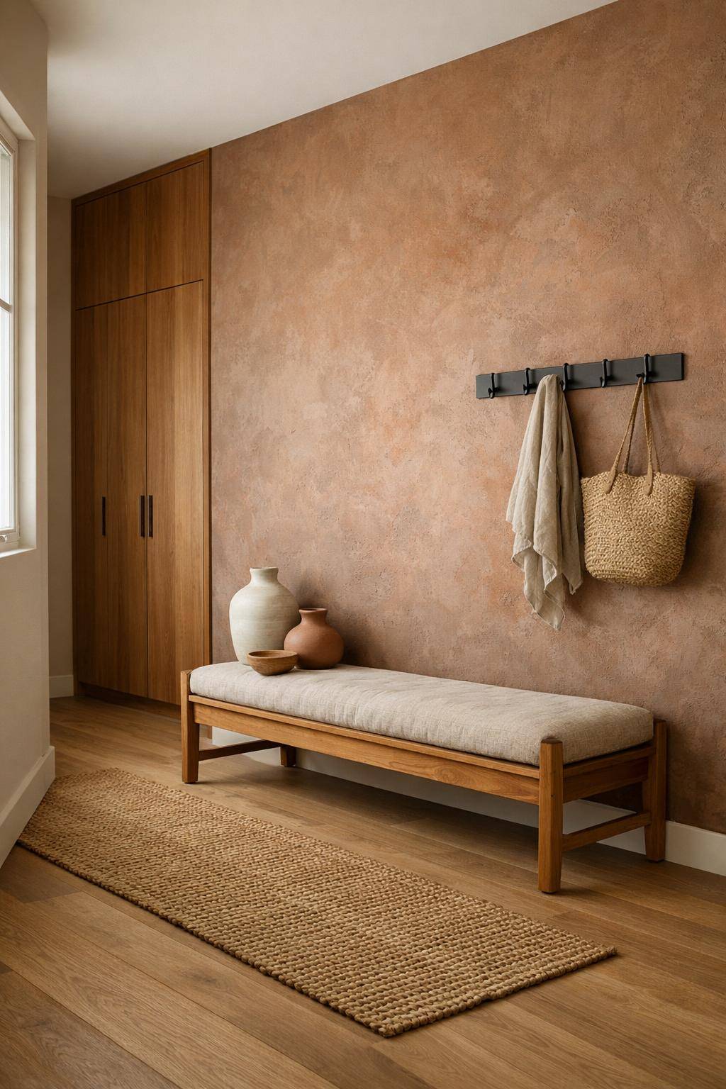 Flur in Erdtönen gestalten- Lasse eine Wand in Lehmoptik verputzen