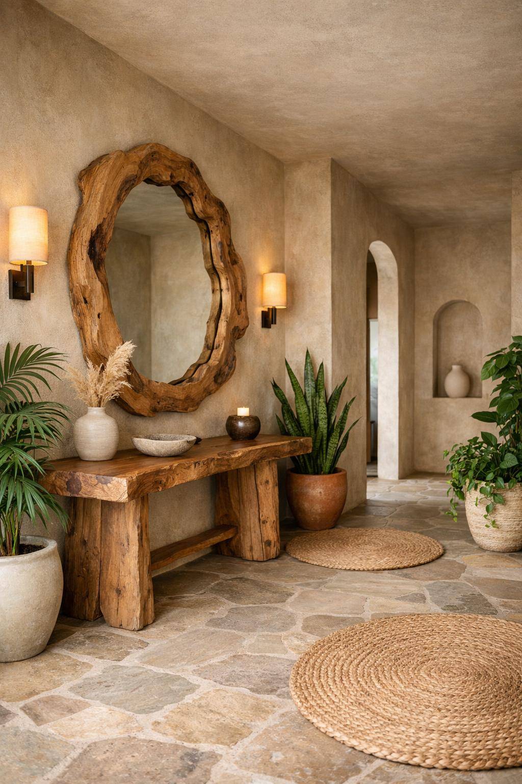 Flur in Erdtönen gestalten- Platziere grüne Pflanzen für frische Akzente