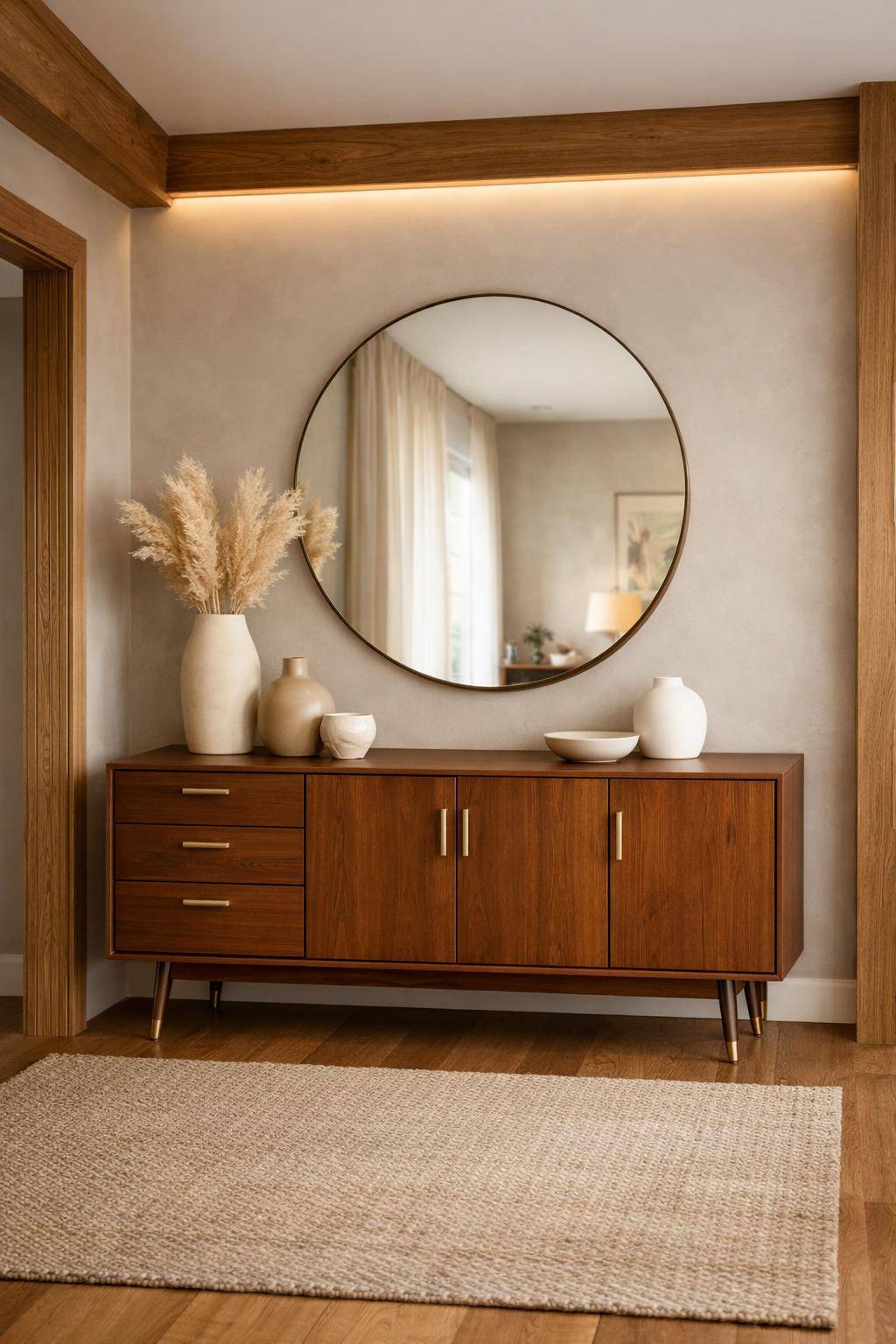 Flur in Erdtönen gestalten- Stelle ein Sideboard in Cognac-Braun auf