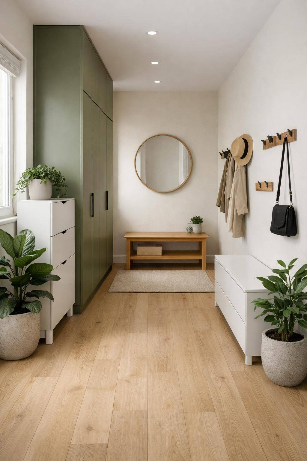 Flur in Grün gestalten-Wähle olivgrüne Akzente für Garderobenmöbel