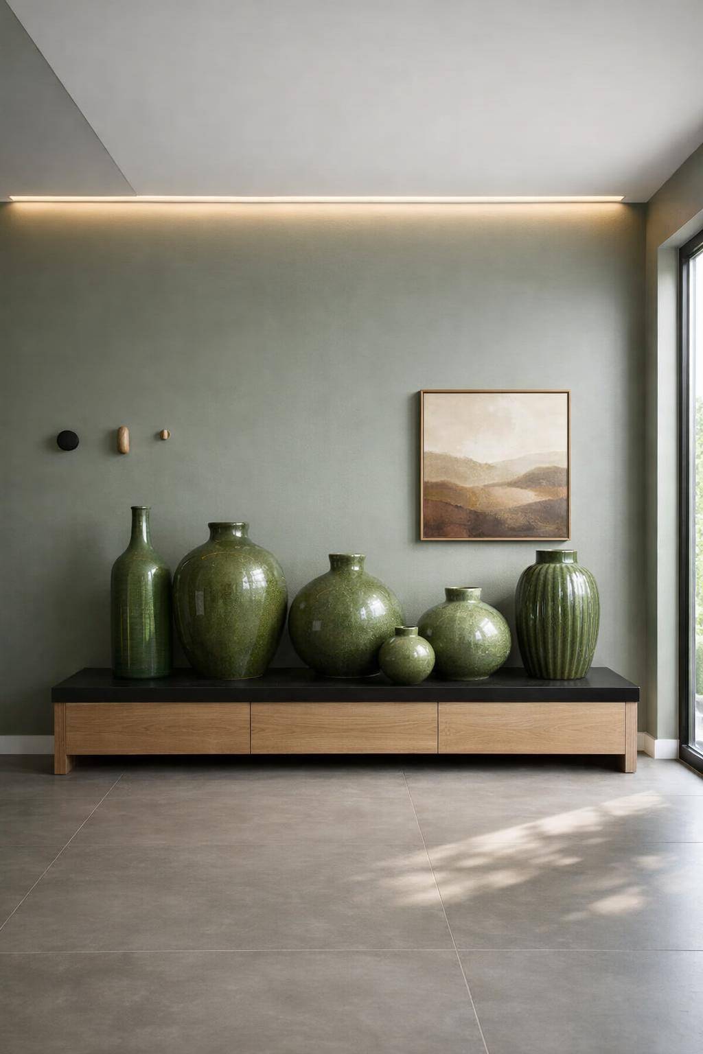 Flur in Grün gestalten- Arrangiere grün glasierte Vasen als Blickfang
